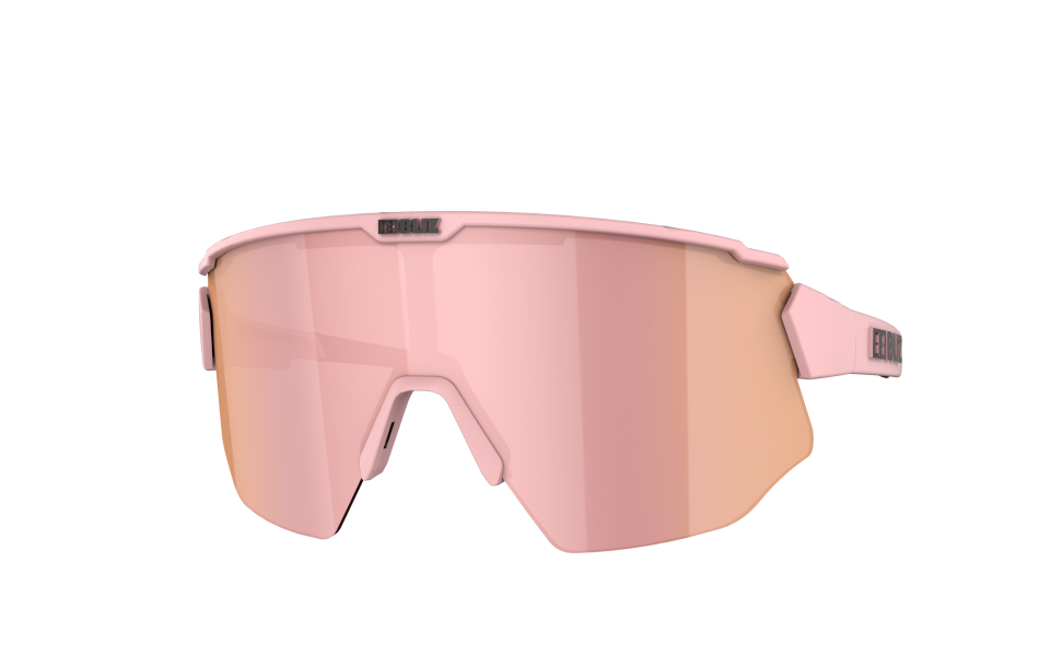 Front view of sunglasses for bike riding with pink frame and lens