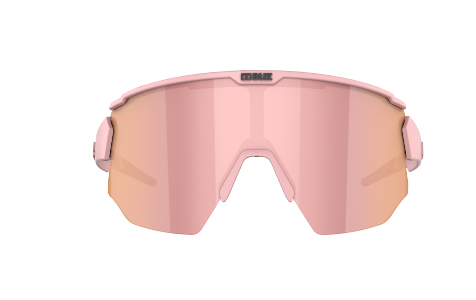 Front view of sunglasses for bike riding with pink frame and lens