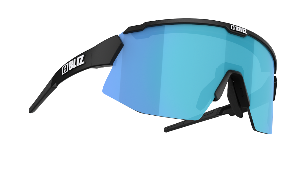 Side view of sunglasses with black frame and blue lens