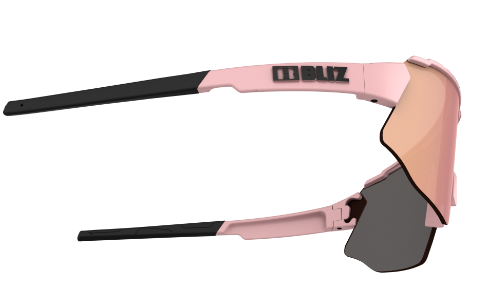 Side view of sunglasses for bike riding with pink frame and lens