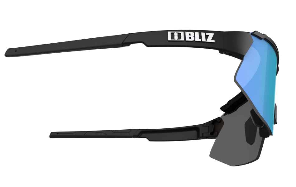 Side view of sunglasses for bike riding with black frame and blue lens