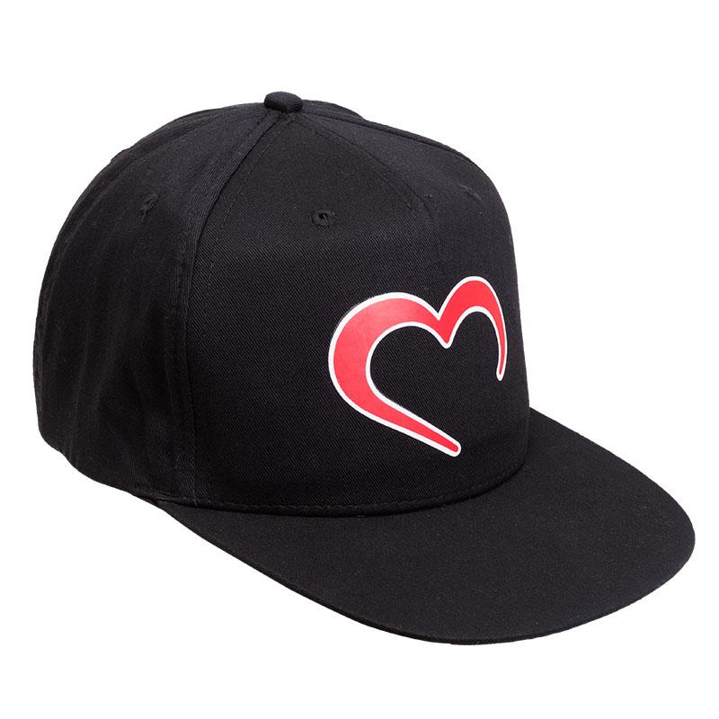 Black De Rosa cap with red and white heart logo design.